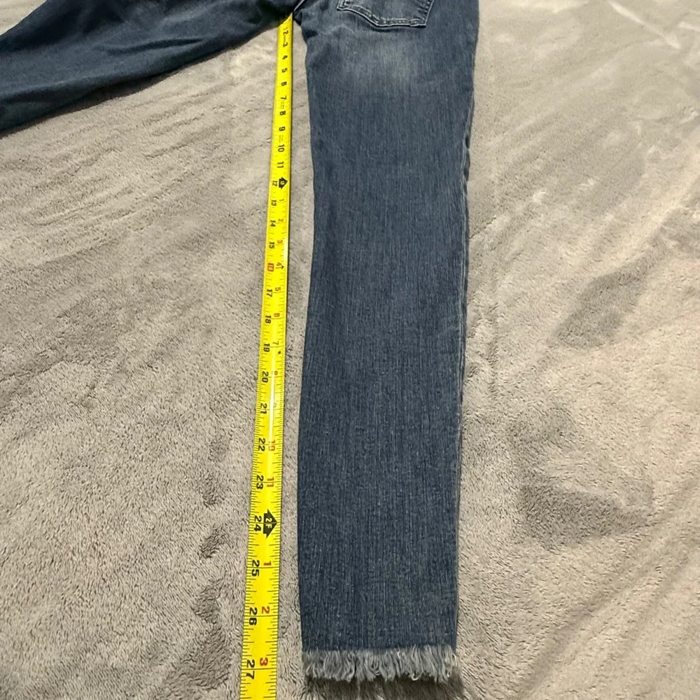 Free People Skinny Denim Overalls Medium Wash Frayed Hem Side Zip Jumpsuit Sz 26 - Picture 10 of 13